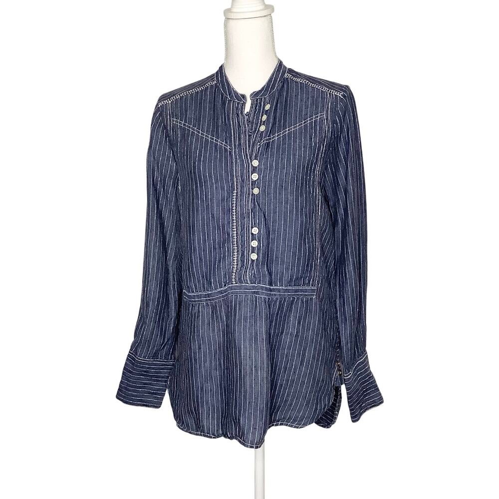 Free People Blue White Linen Striped Chambray Long Sleeve Half Button Top Small